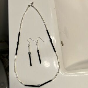Hematite with silver and black matte twisted glass beads necklace/earrings.